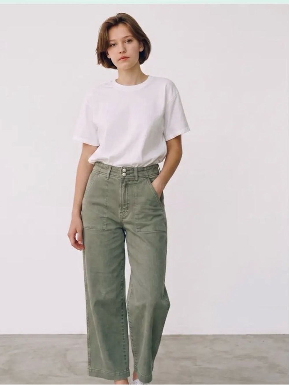 GAP High-Rise Wide-Leg Crop Jeans in Olive Green- Front Utility Pockets 2/26s